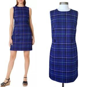 HOBBS London Emberly Plaid Wool Dress Size 8 Cobalt Blue Sleeveless $315